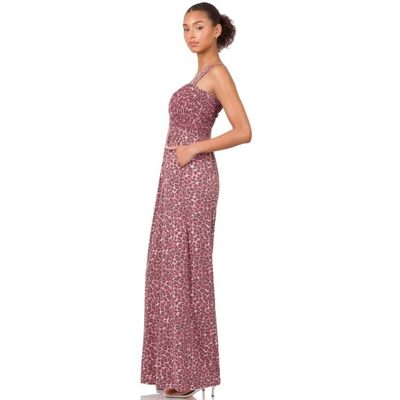 Leopard Smocked Top Wide Leg Jumpsuit With Pockets - Picture 2 of 3